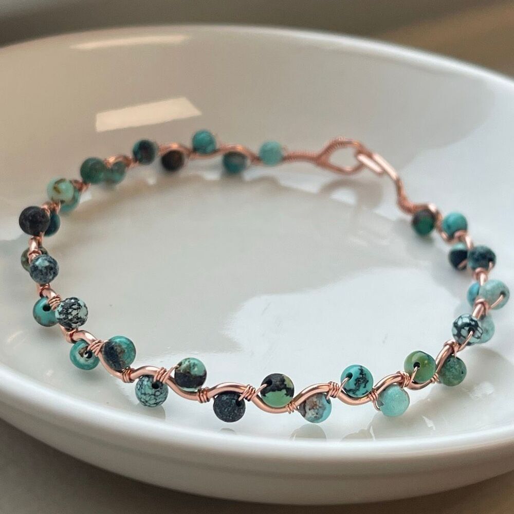 African turquoise 7” copper wire beaded beads handcrafted handmade dainty